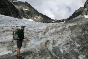 Blue water rivulets run off of Columbia Glacier.