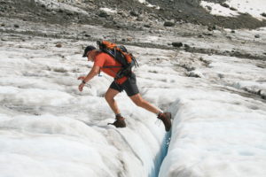Jumping over small crevasses.
