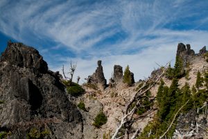 interesting black rock pinnacles, or Hoodoos along the ridge