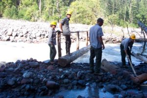 Mowich River, trail crew gets bridge in "just in time"