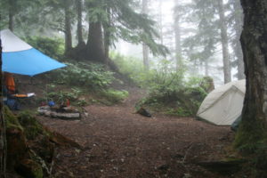 Tarp and tent at Snoqualmie Lake