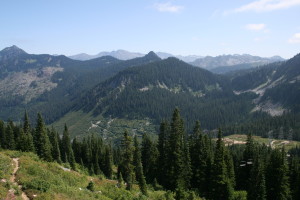 From the chair lift on top of saddle. The small points sticking up are Bulls Tooth in the distance.