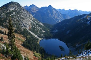From the top ridge line of the bowl, looking down into Lake Ann.