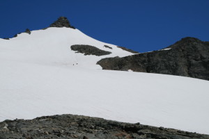 Sahale Peak, and Sahale Glacier, specks are climbers..
