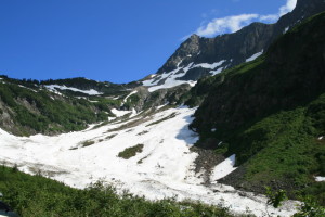 Looking up at Cascade Pass, from the parking lot
