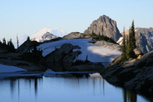 Robin Lake, with Cathedral Rock and Mt. Rainier in the distance