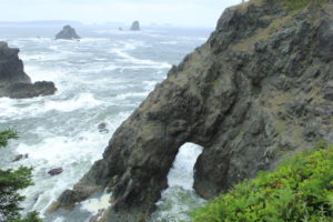 A large arch here on the north side of the "pirate cove", as the surf came in, it boiled through the hole in the rock. 