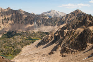 Climbing ever higher, we now have a better birds eye view of the Born Lakes basin below us.