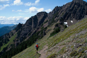 The trail as it snakes along the ridge. Upper right, is the striations of Mt. Angeles