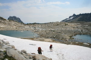 Crossing snow fields near Desolation Lake