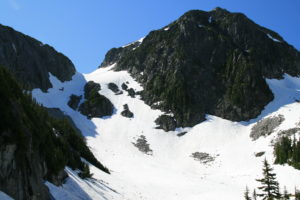 La Bohn Peak, with the gap we must climb.